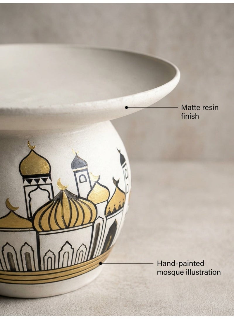 Tanseeq Elegant White Resin Pedestal Serving Bowl with Gold Mosque Design for Ramadan Centerpiece Tray Iftar Dates Server Islamic Home Decor Eid Gift Tableware - Image 4